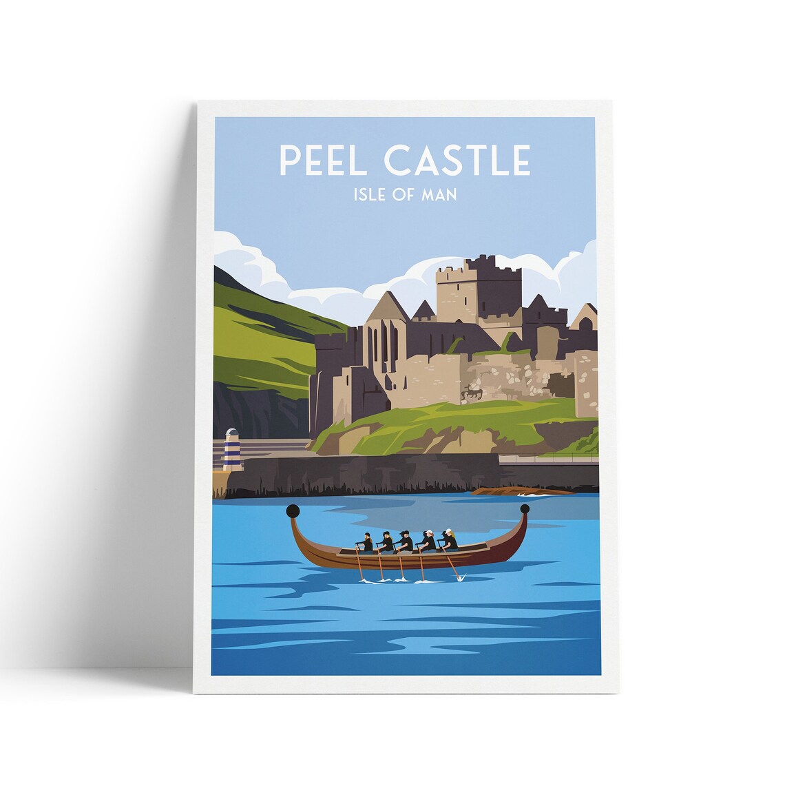 Peel Castle Isle Of Man Ruins Rowing Boat Blue Sea Travel Poster