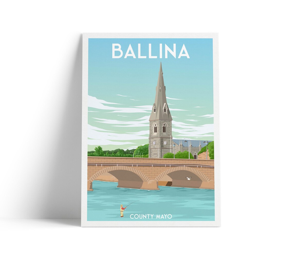 Ballina Ireland Travel Poster, River Moy and St Muredach's