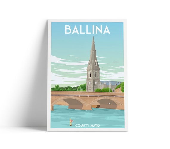 Ballina Ireland Travel Poster, River Moy and St Muredach's