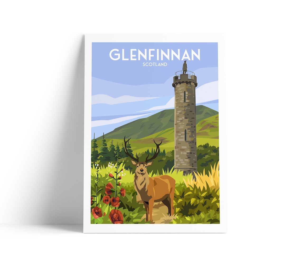 Glenfinnan Scotland Monument Stag Poppies Highlands Travel Poster