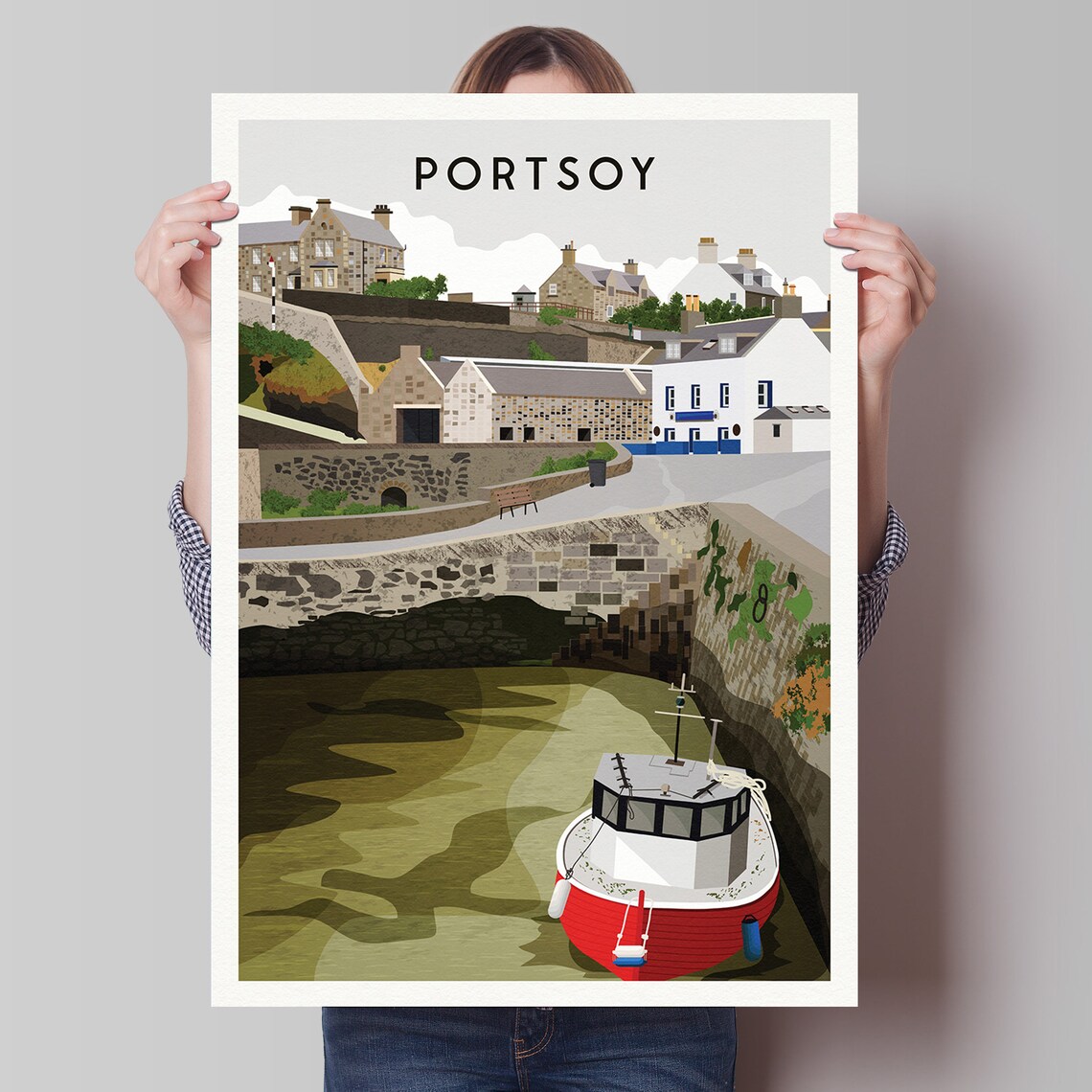 Portsoy Scotland Harbour Red Fishing Boat Retro Travel Poster