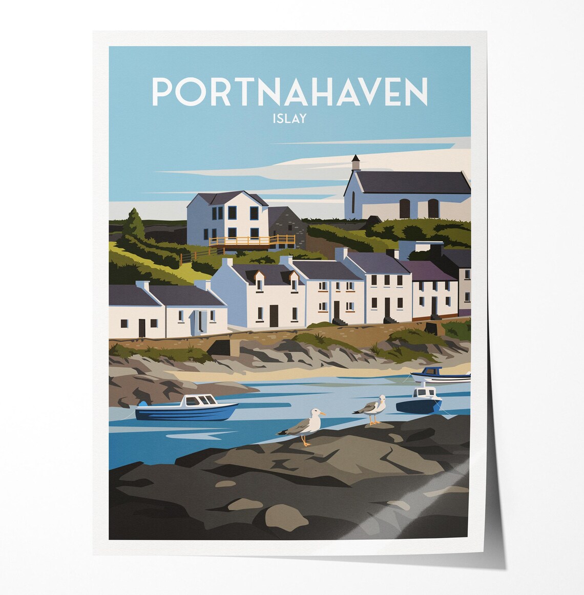 Portnahaven Islay Scottish Coastal Village Boats Gulls Harbor Travel Poster
