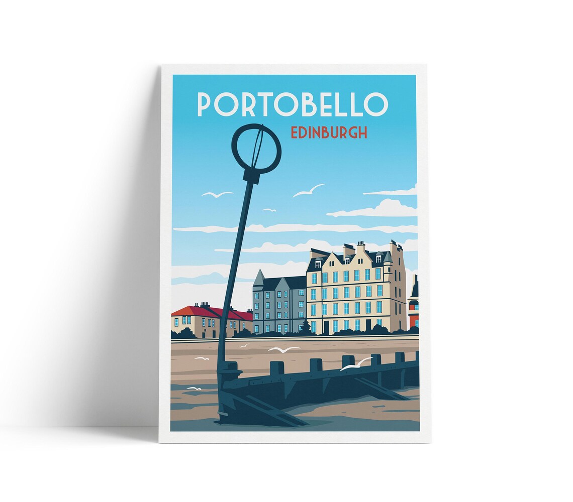 Portobello Edinburgh Beach Promenade Seagulls Retro Seaside Travel Poster