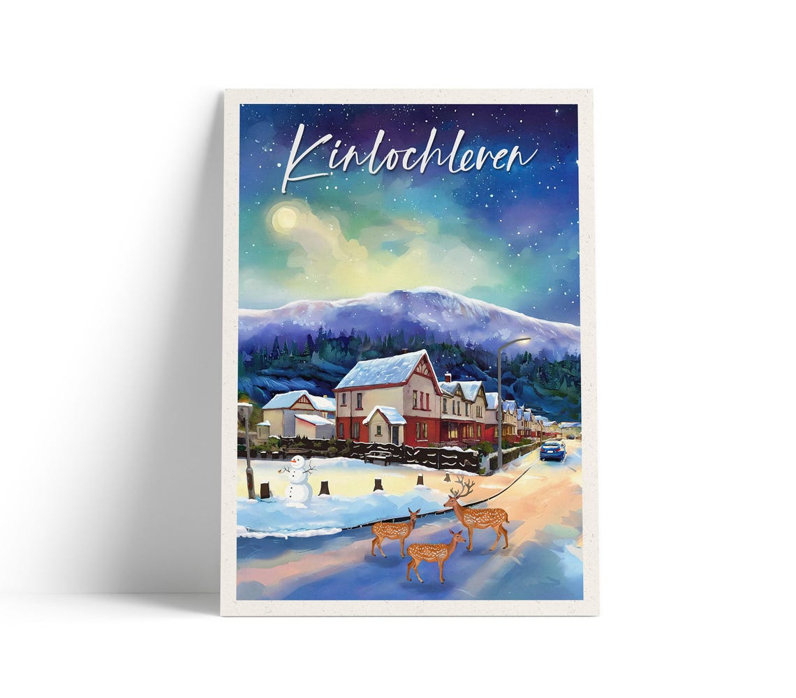 Kinlochleven Snowy Highland Street Deer Winter Night Travel Poster