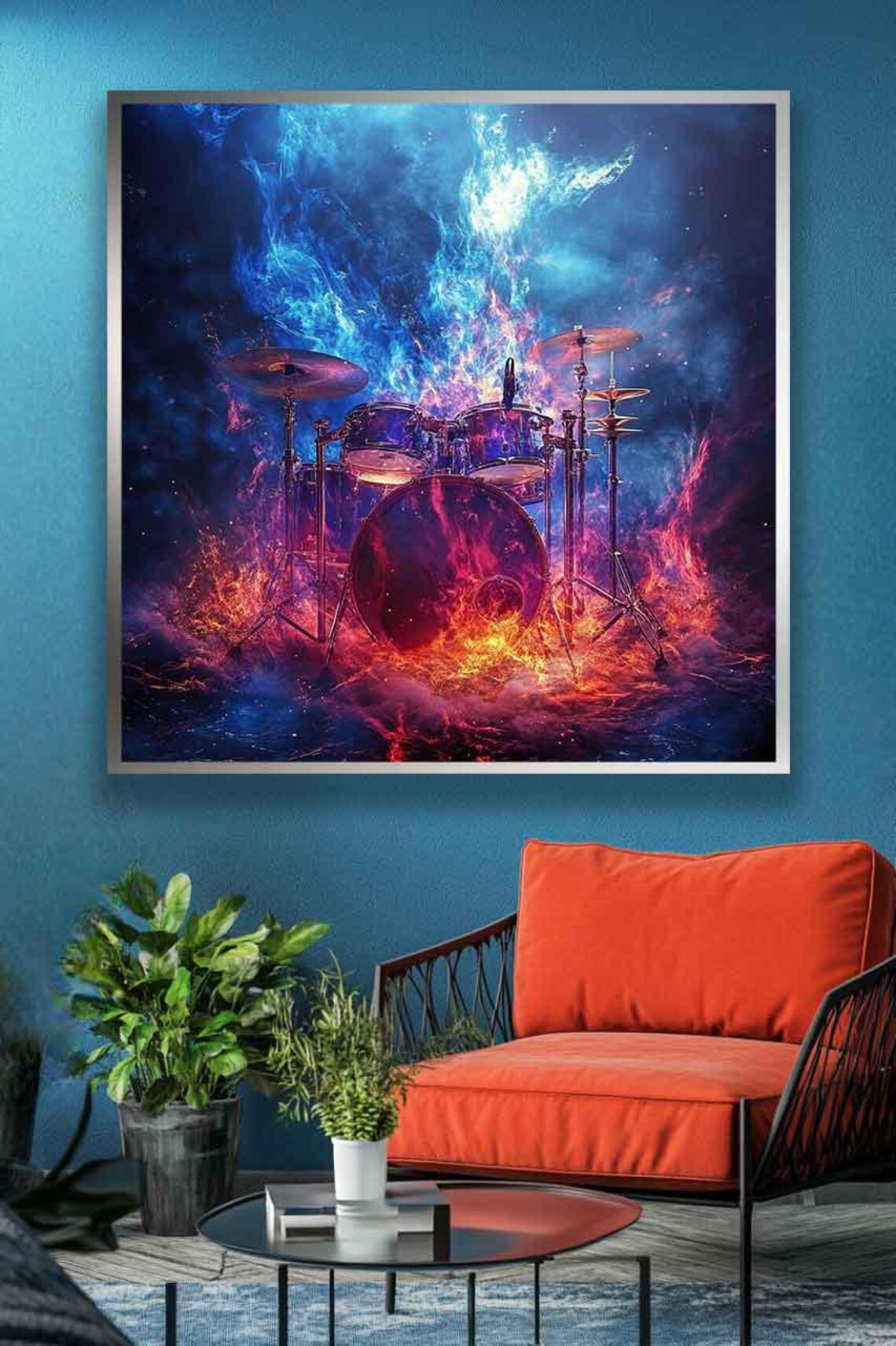 Drum Kit Engulfed in Swirling Flames Cosmic Fire Scene Poster - Image 4