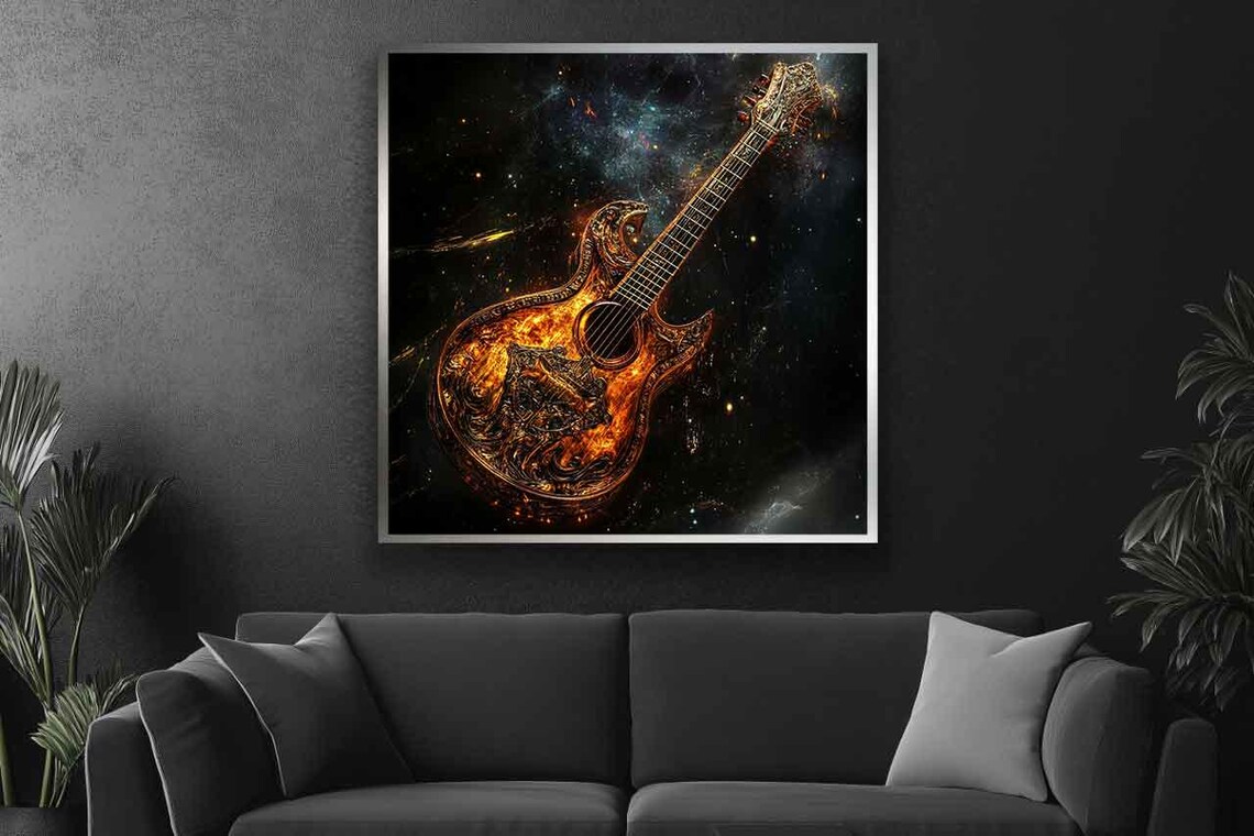 Golden Flaming Acoustic Guitar Against Cosmic Starry Sky Poster - Image 4
