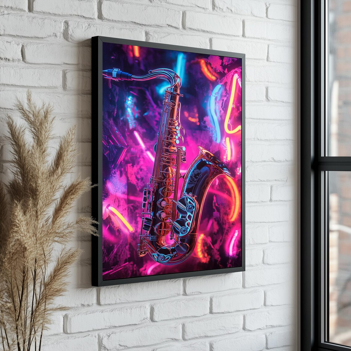 Neon Saxophone Glowing Over Pink Purple Graffiti Wall Poster - Image 5