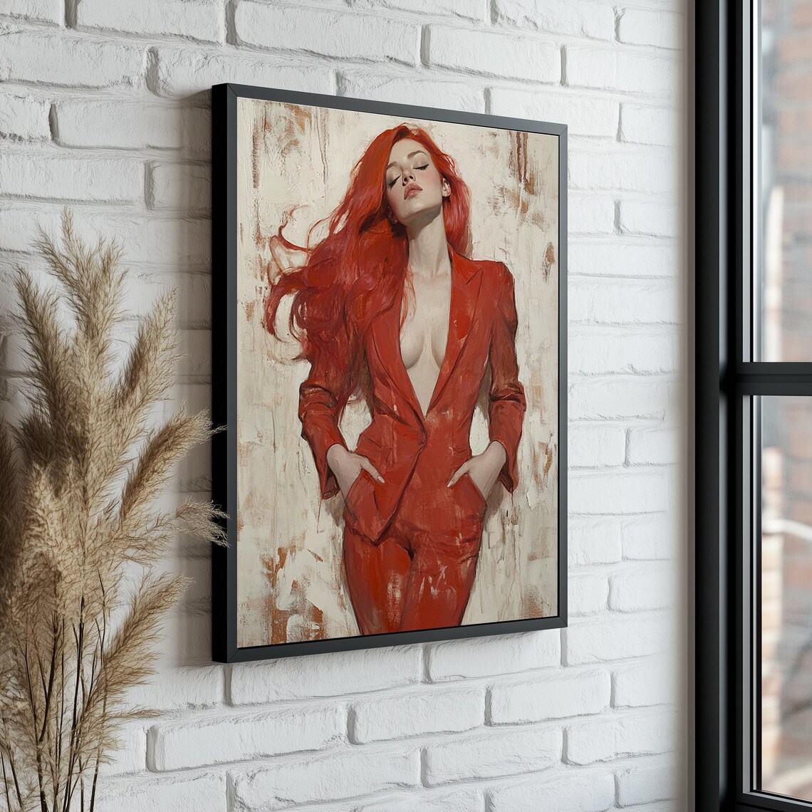 Red Haired Woman In Red Suit Confident Fashion Portrait Poster