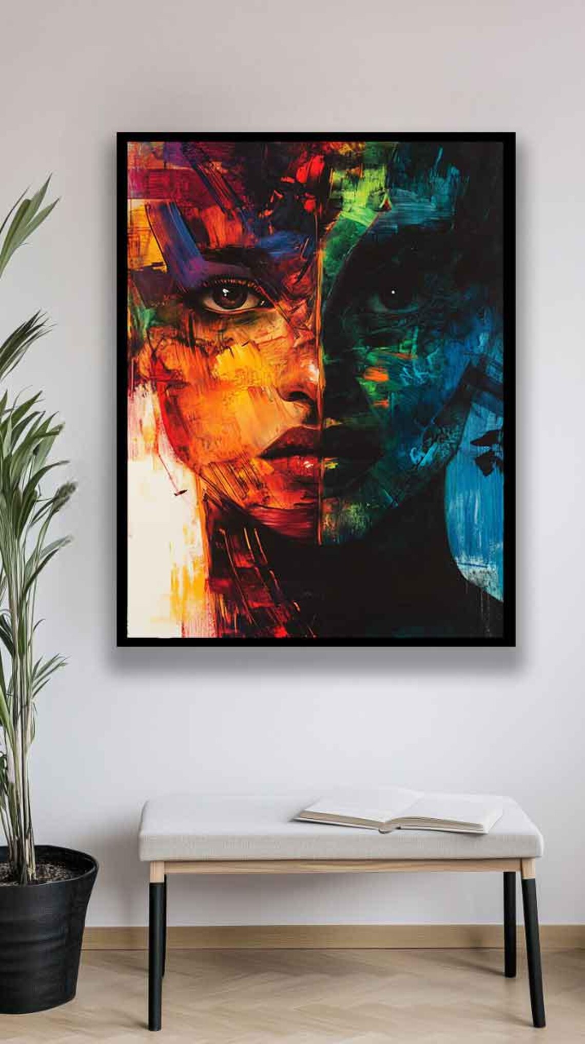 Split Face Abstract Portrait Fire And Teal Emotional Art Poster - Image 2