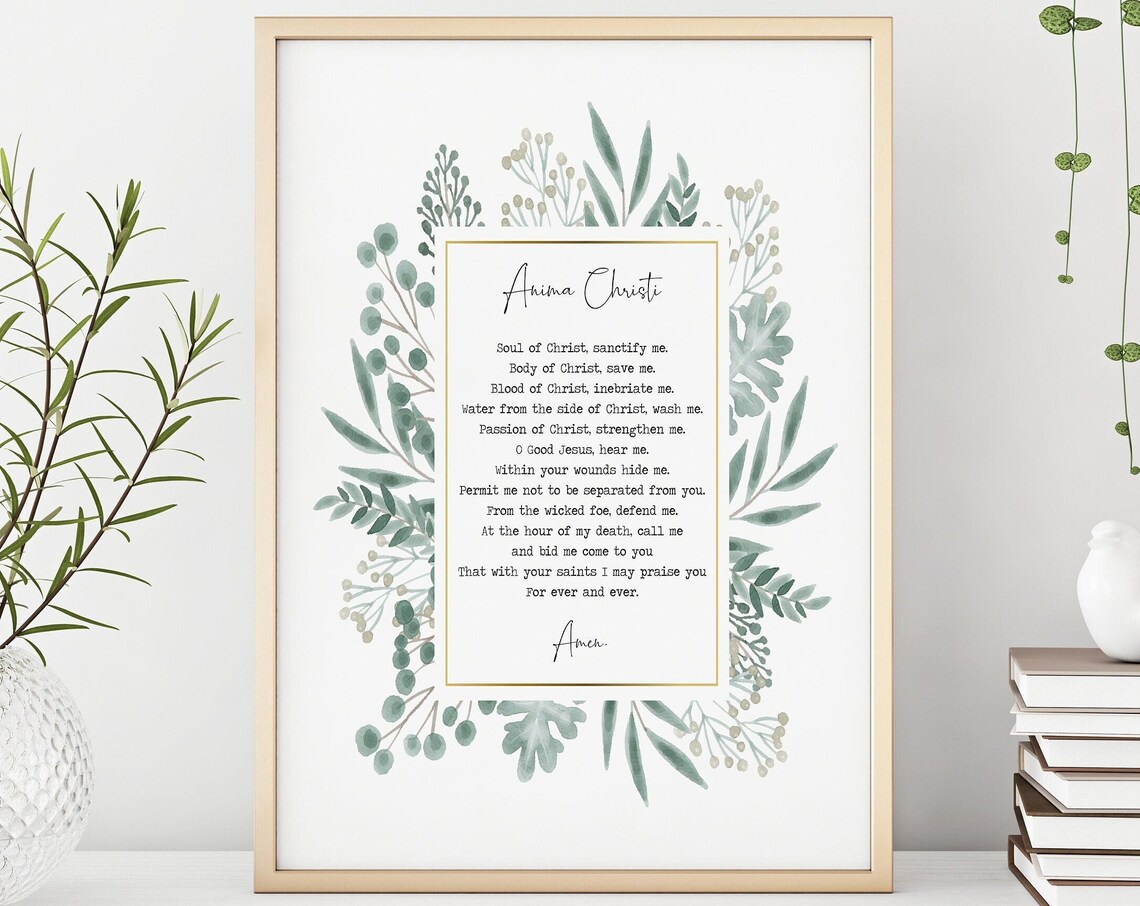 Anima Christi Catholic Prayer Watercolor Botanical Border Poster
