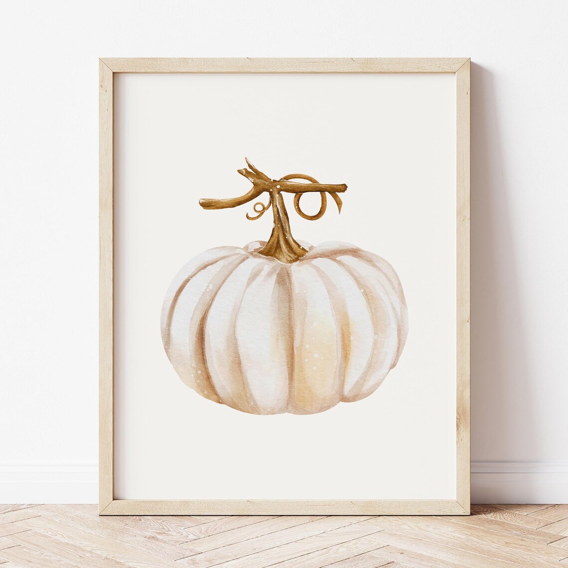 White Watercolor Pumpkin with Twig Stem Rustic Autumn Print Art
