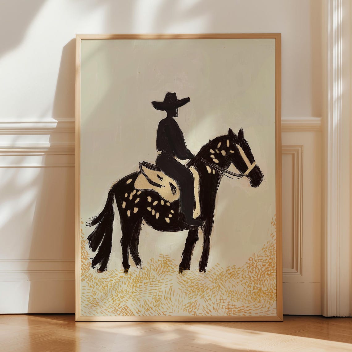 Cowboy Horse Silhouette Black Beige Western Ranch Decor Poster