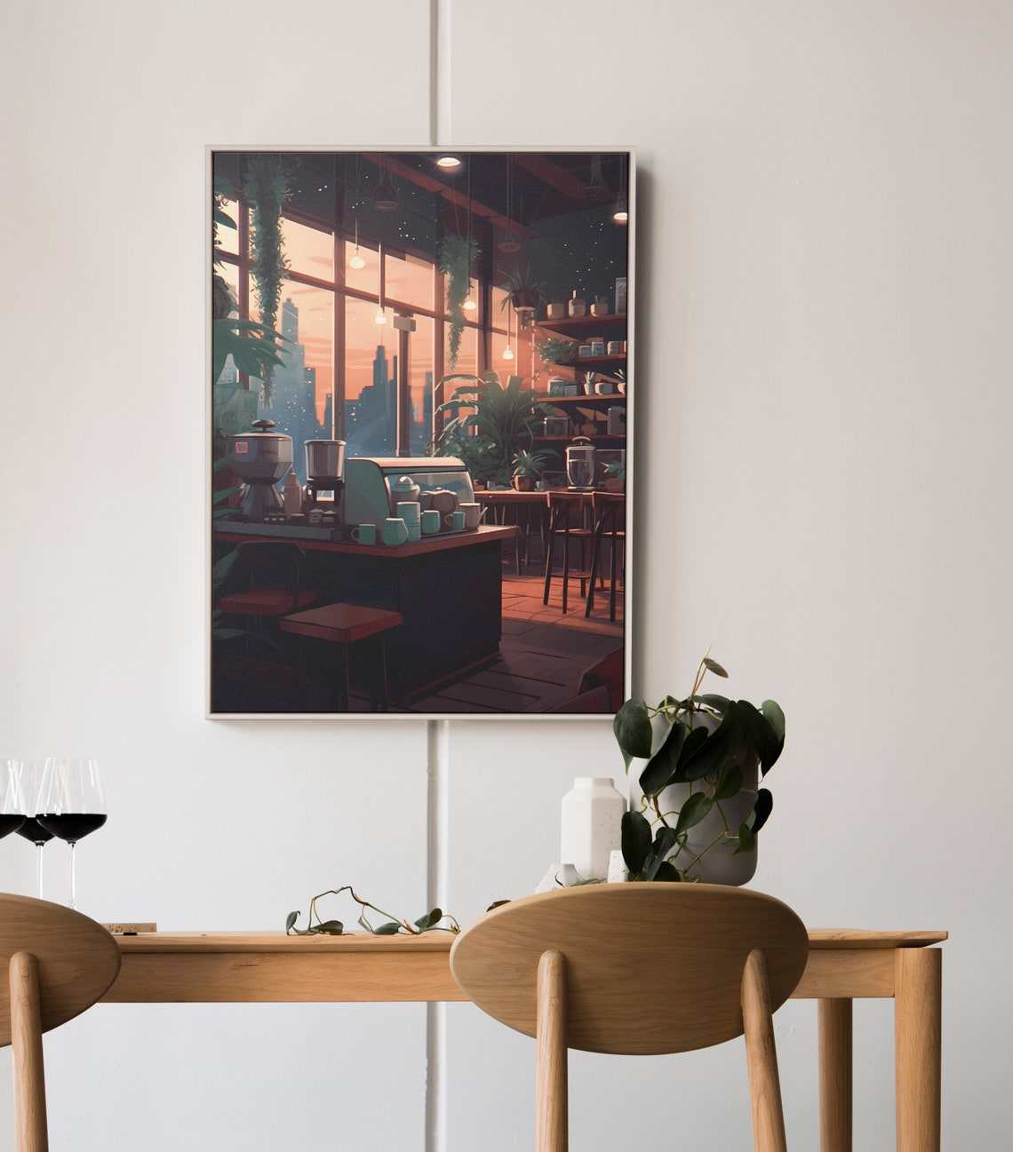 Cozy Lofi Anime Coffee Shop Interior Sunset Window City Poster - Image 3