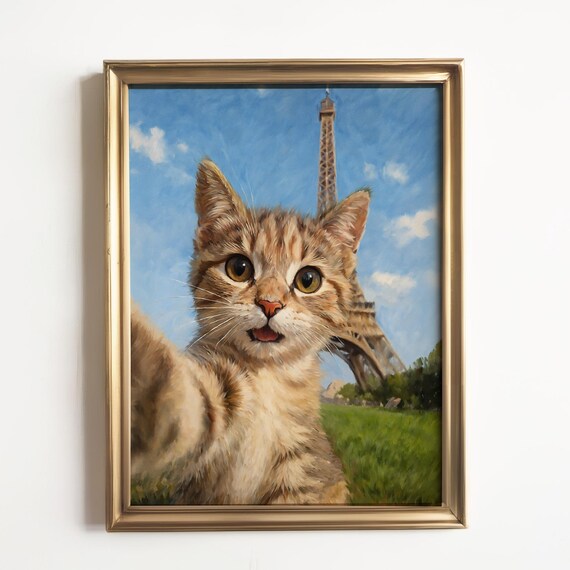 Kitten Selfie at Eiffel Tower Cute Cat Paris Travel Humor Decor Poster