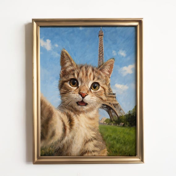 Kitten Selfie At The Eiffel Tower Art Print Cute Adorable Conversation Piece Oil Painting Funny One Of A Kind Decor Home Dorm Apartment