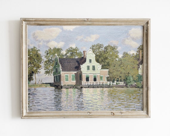Vintage Lake House Wall Art Decor Lake Print River Painting Vintage Landscape Wall Art Lake Cabin Decor Vintage Cabin Wall Art