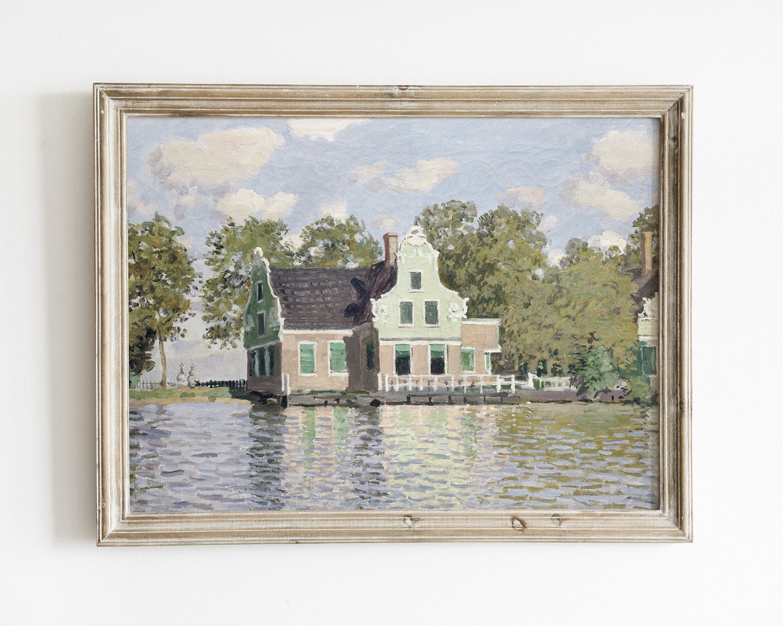 Vintage Lake House Wall Art Decor Lake Print River Painting Vintage Landscape Wall Art Lake Cabin Decor Vintage Cabin Wall Art