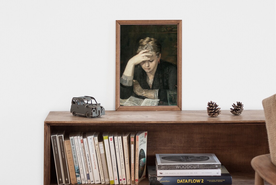 Moody Woman Reading Portrait Antique Dark Oil Painting Poster - Image 2