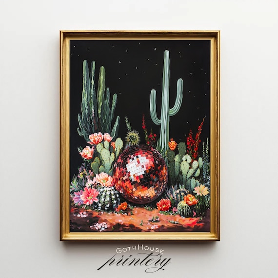 Desert Disco Ball Among Cacti Night Garden Art Poster with Bold Blooms