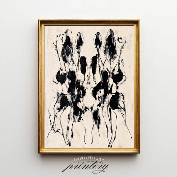 Neutral Line Art Ink Blot Painting Moody Botanical Print Abstract Boho Wall Vintage Eclectic Organic Modern Decor