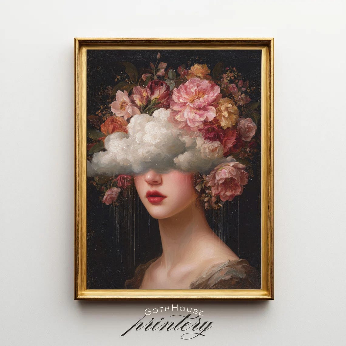 In Clouds Surreal Portrait Renaissance Floral Woman Print Eclectic Wall Art Whimsigoth Decor Pastel Goth Maximalist