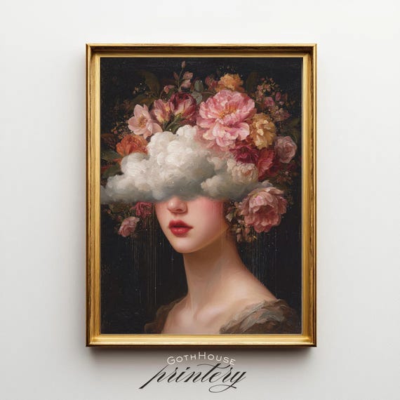 In Clouds Surreal Portrait Renaissance Floral Woman Print Eclectic Wall Art Whimsigoth Decor Pastel Goth Maximalist