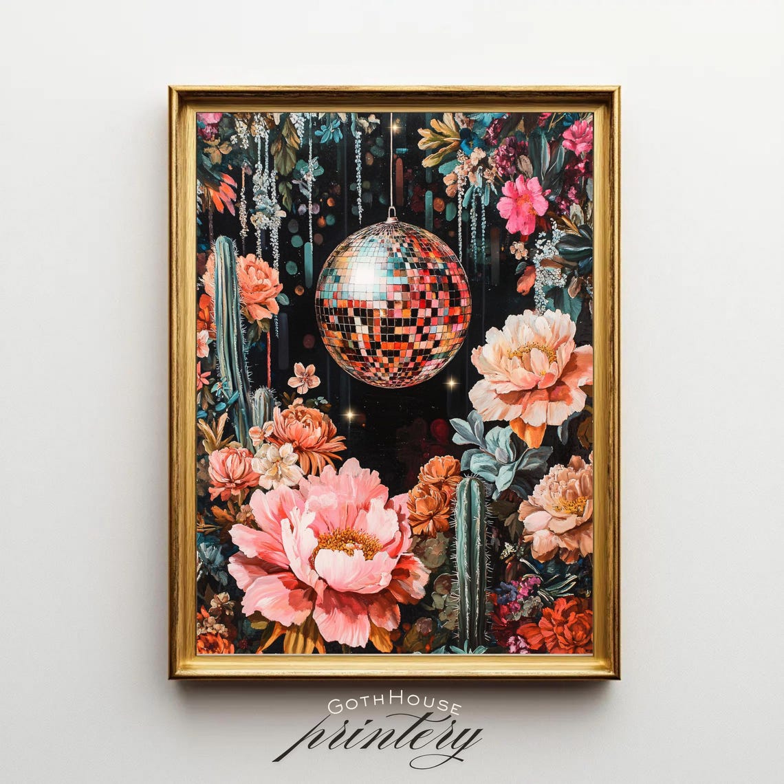 Disco Ball Floral Bouquet Art Maximalist Party Garden Wall Poster