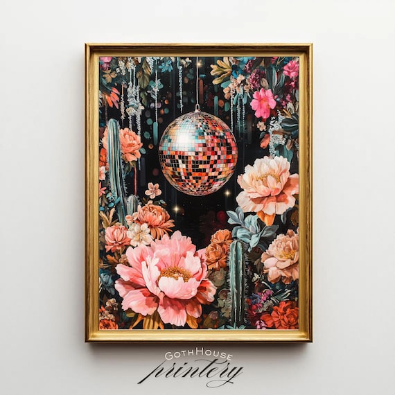 Disco Ball Floral Art Moody Botanical Wall Decor Gothic Cactus Garden Bold Party Print Maximalist