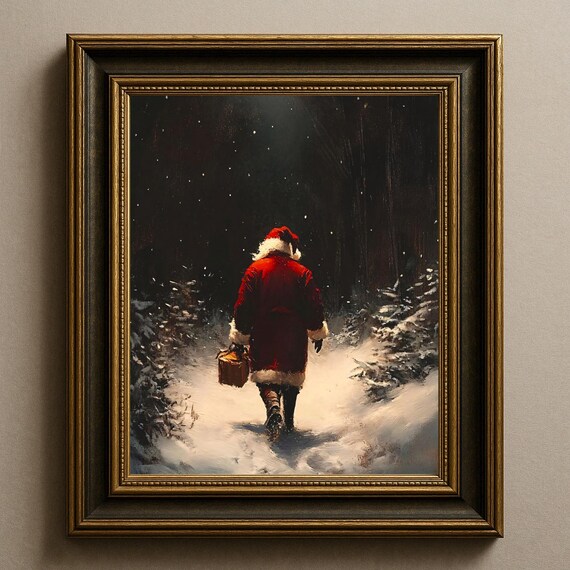 Santa Walking Through Snowy Night Forest Vintage Christmas Painting Art Poster