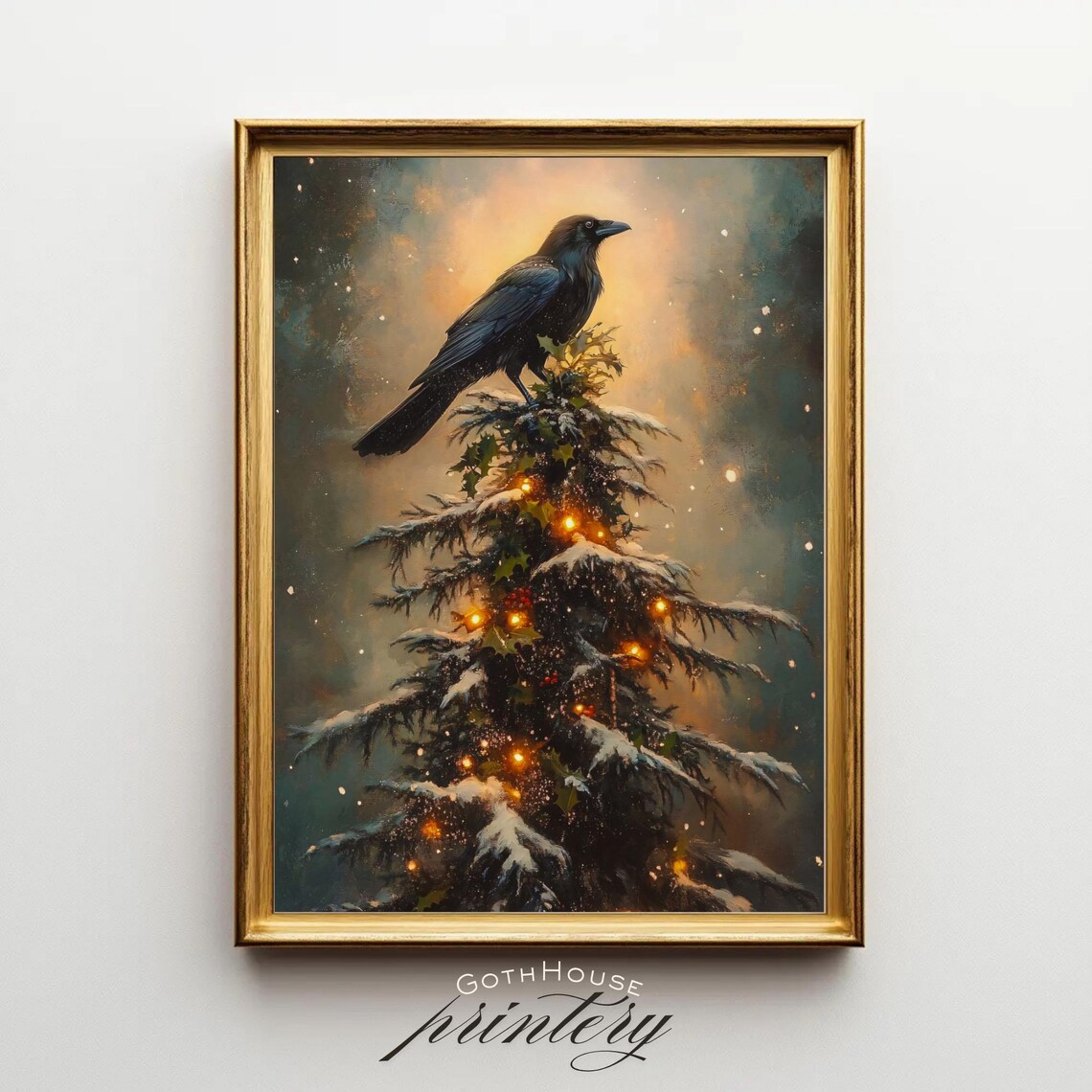 Moody Crow On Christmas Tree Art Print, Gothmas