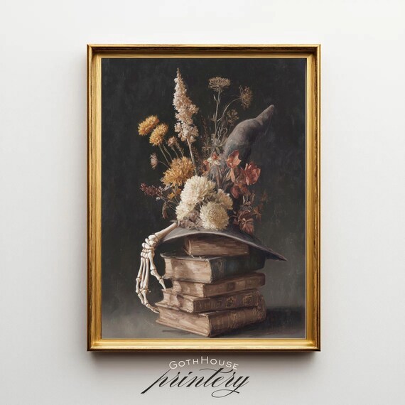 Witch Hat Books Still Life Dark Academia Floral Print Witchy Wall Decor Autumn Art Botanical Skeleton Goth Anatomy