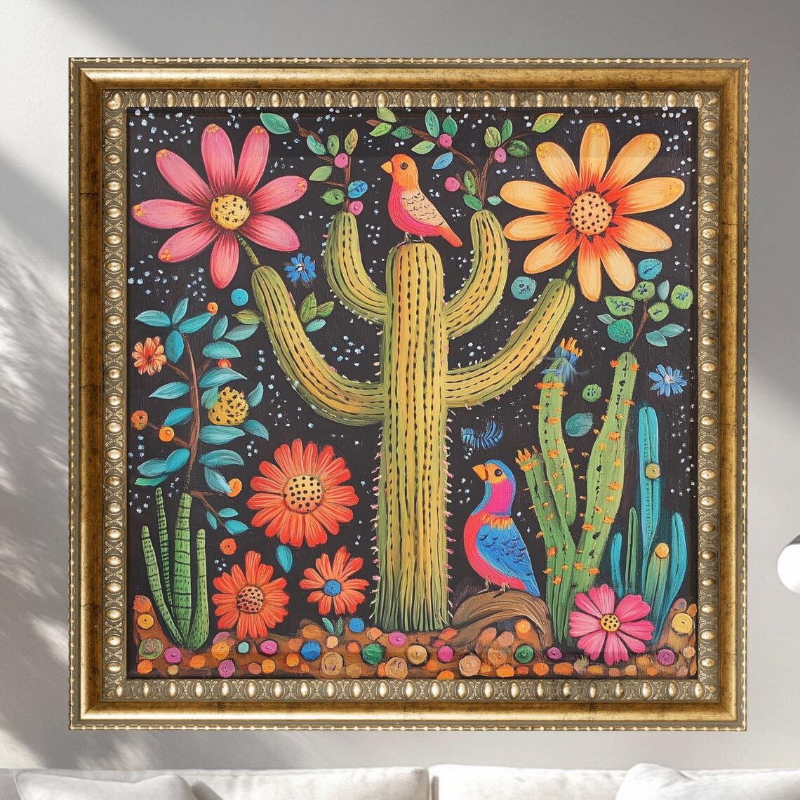 Mexican Folk Art Cactus Birds Colorful Floral Desert Wall Art