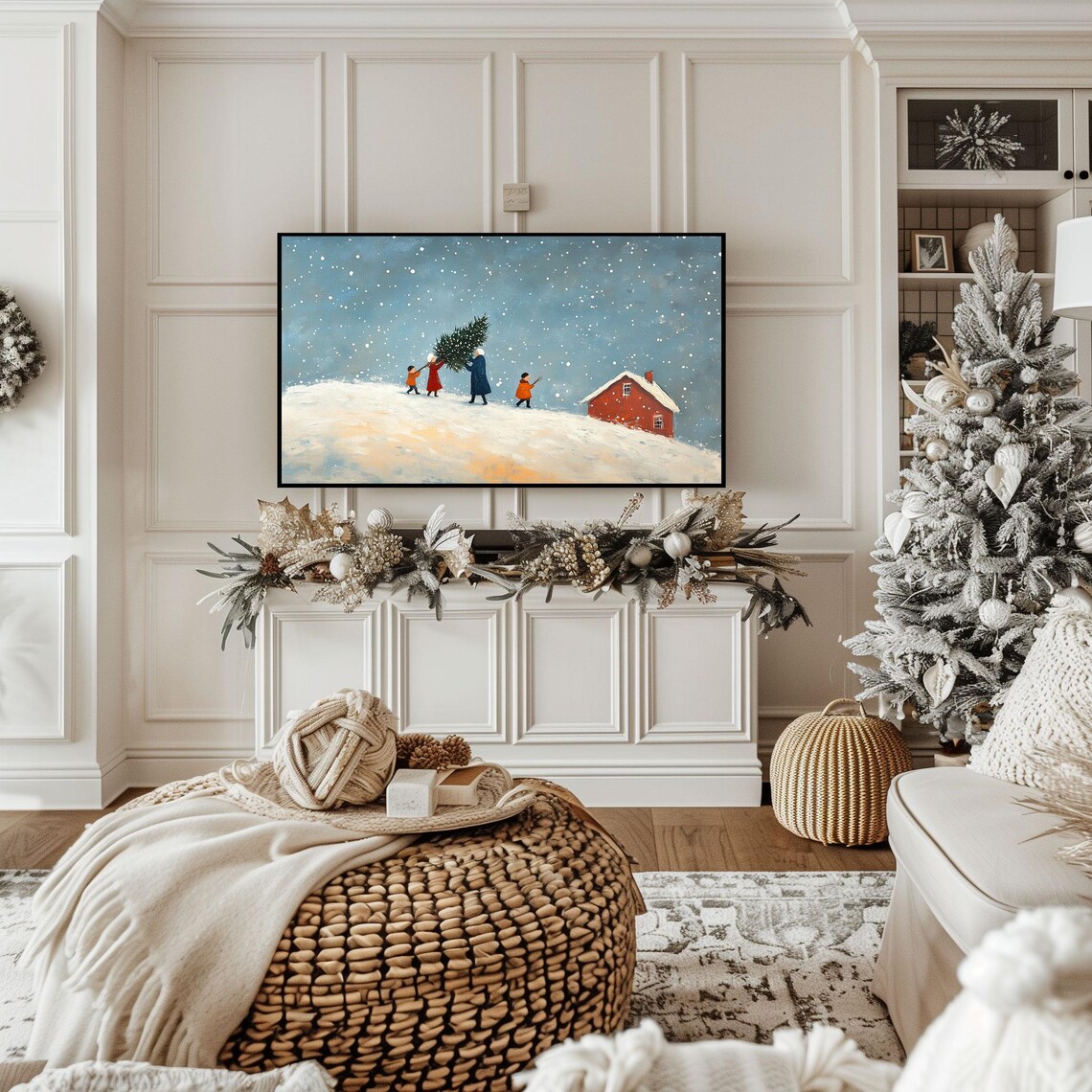 Family Carrying Christmas Tree Folk Art Snowy Farmhouse Poster - Image 2