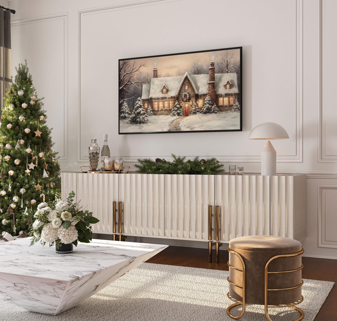 Cozy Snowy Christmas Cabin Glowing Windows Wreath Winter Poster - Image 4