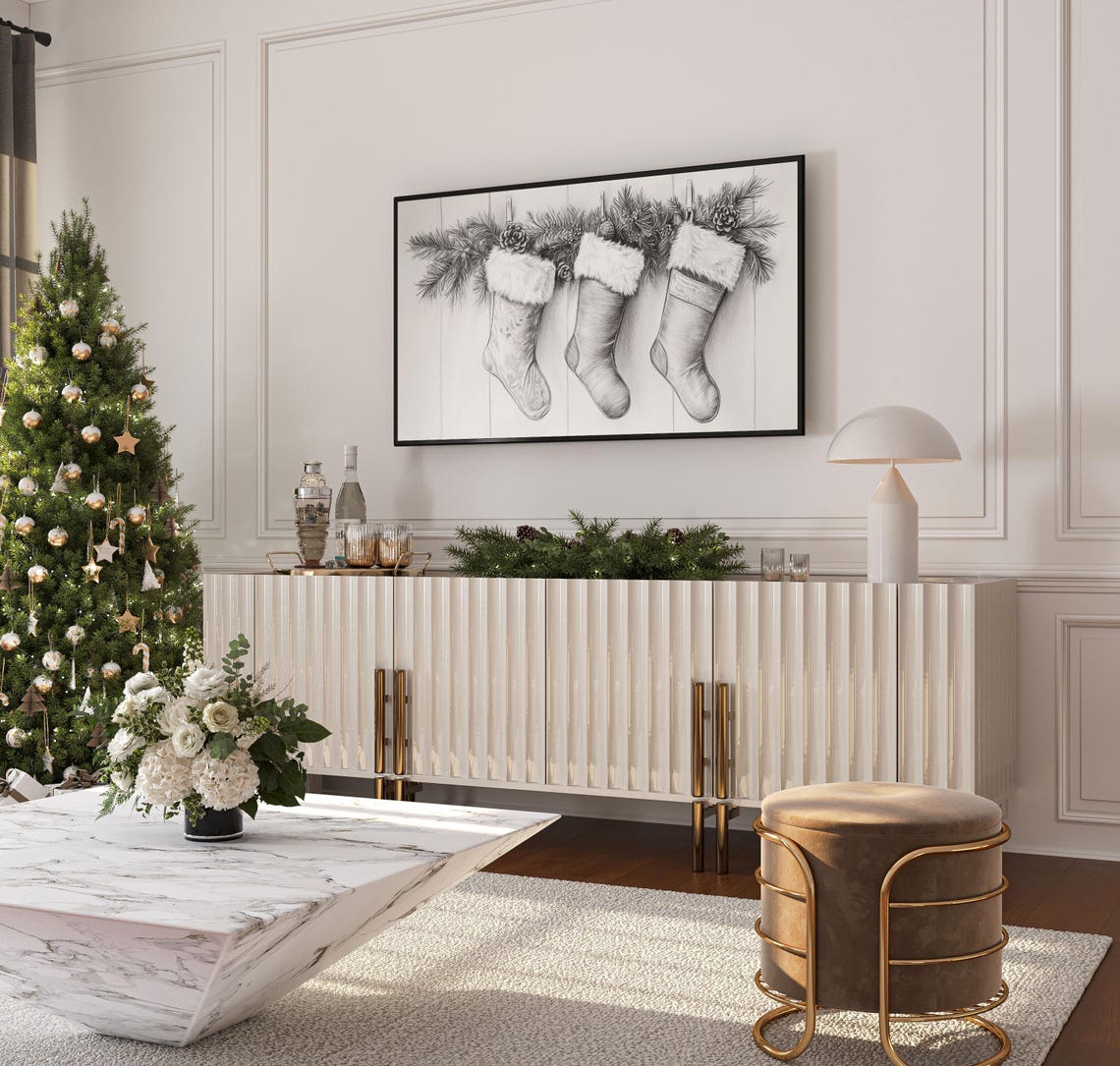 Christmas Stockings Sketch Pine Garland Holiday Mantel Decor Poster - Image 4