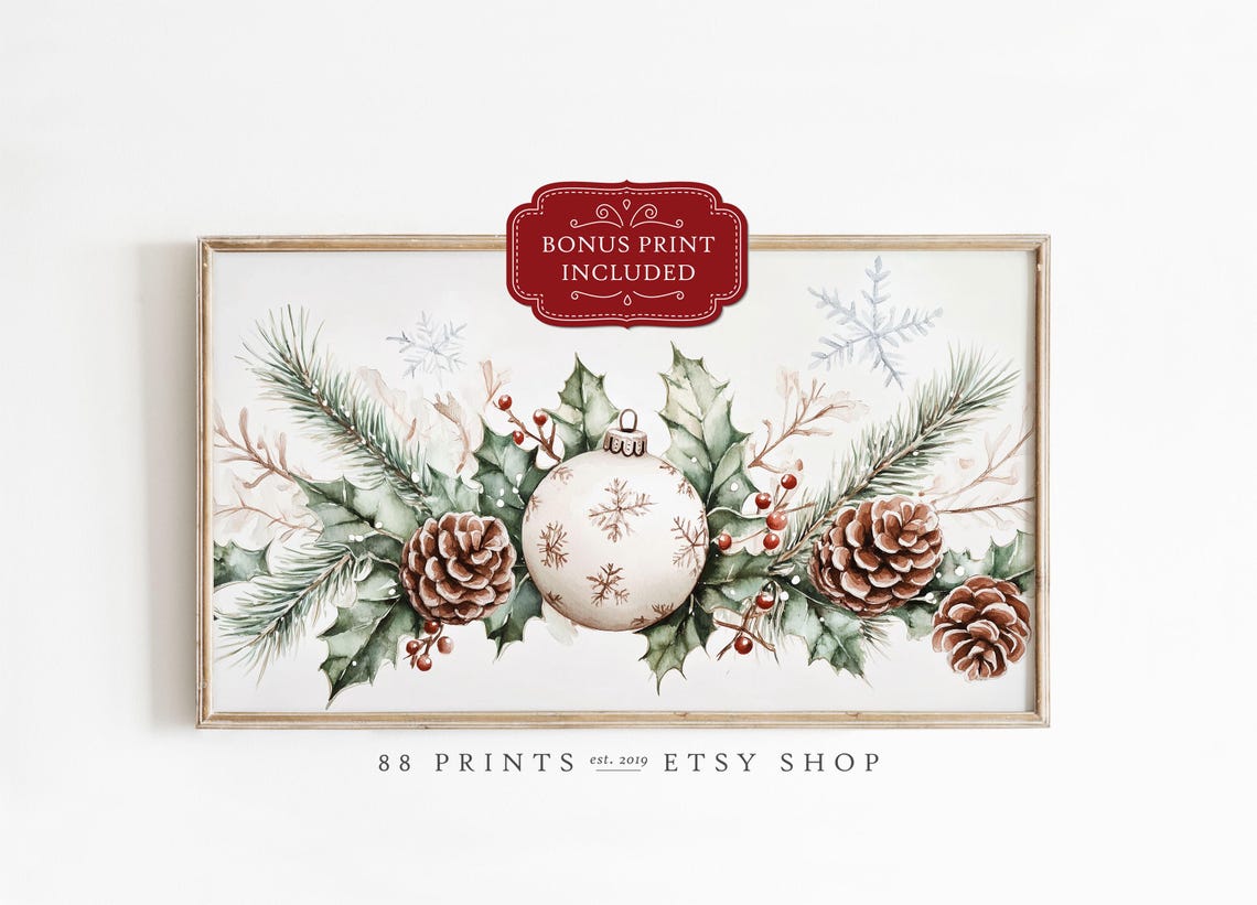 White Christmas Ornament Pinecones Watercolor Holiday Art Poster