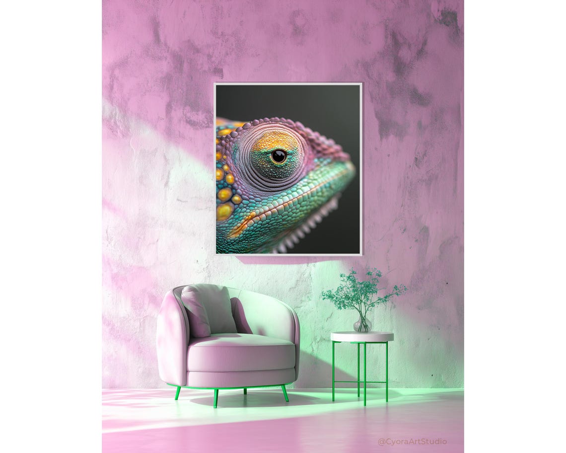 Colorful Chameleon Close Up Eye Reptile Macro Photography Poster