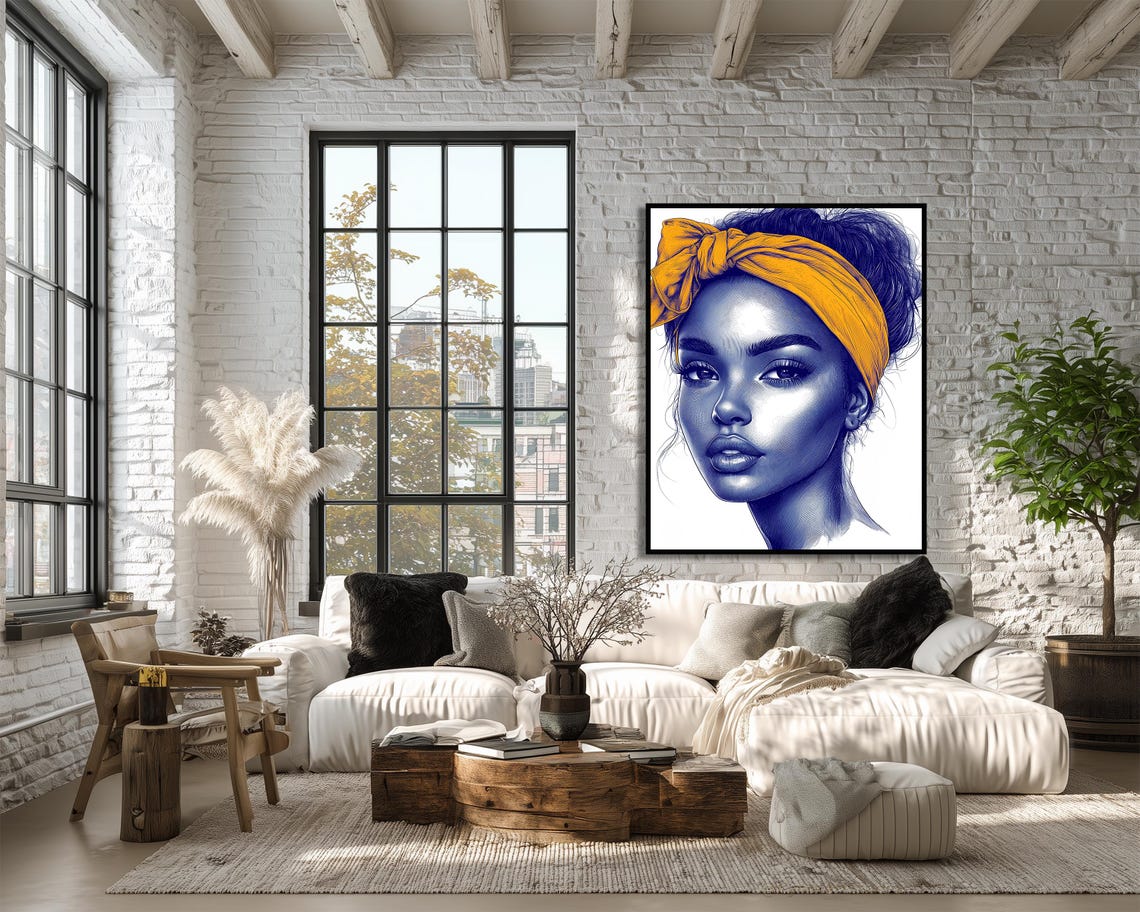 Pencil Sketch Portrait With Yellow Hairband Contemporary Art Abstract Wall Print Artwork Instant