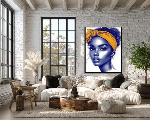 Pencil Sketch Portrait With Yellow Hairband Contemporary Art Abstract Wall Print Artwork Instant