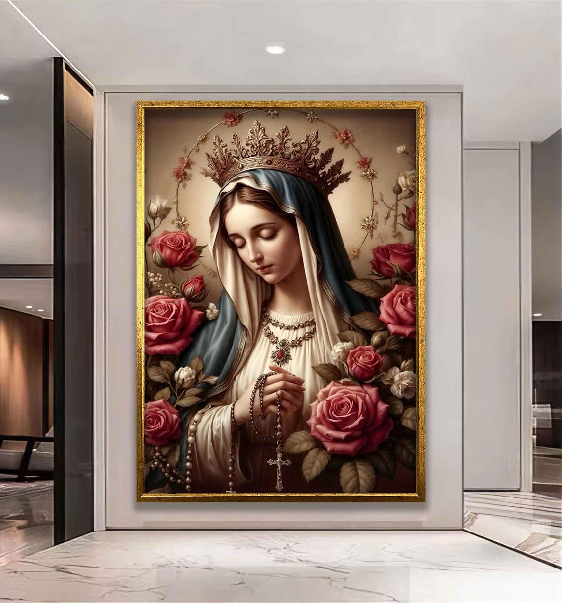 Crowned Virgin Mary with Rosary and Roses Catholic Faith Poster - Image 2