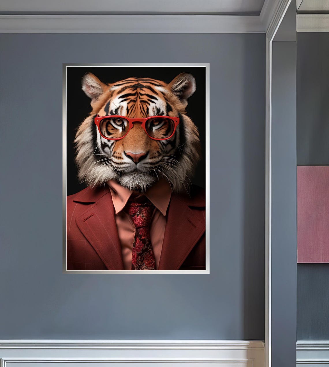 Cool Tiger in Red Glasses and Suit Fun Boss Animal Portrait Poster - Image 3