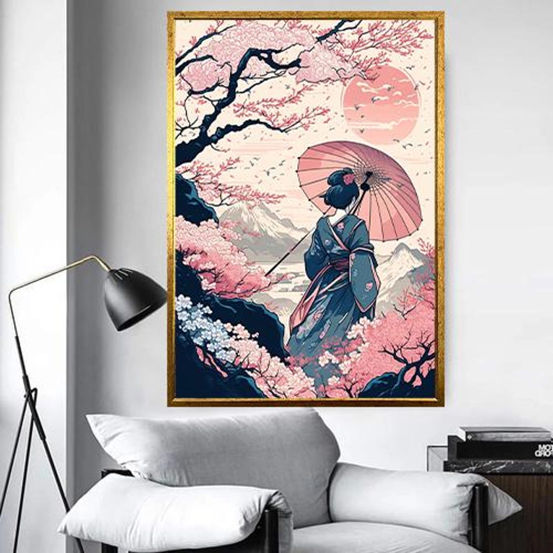 Geisha With Parasol Among Cherry Blossoms Mount Fuji Japan Art Poster - Image 5