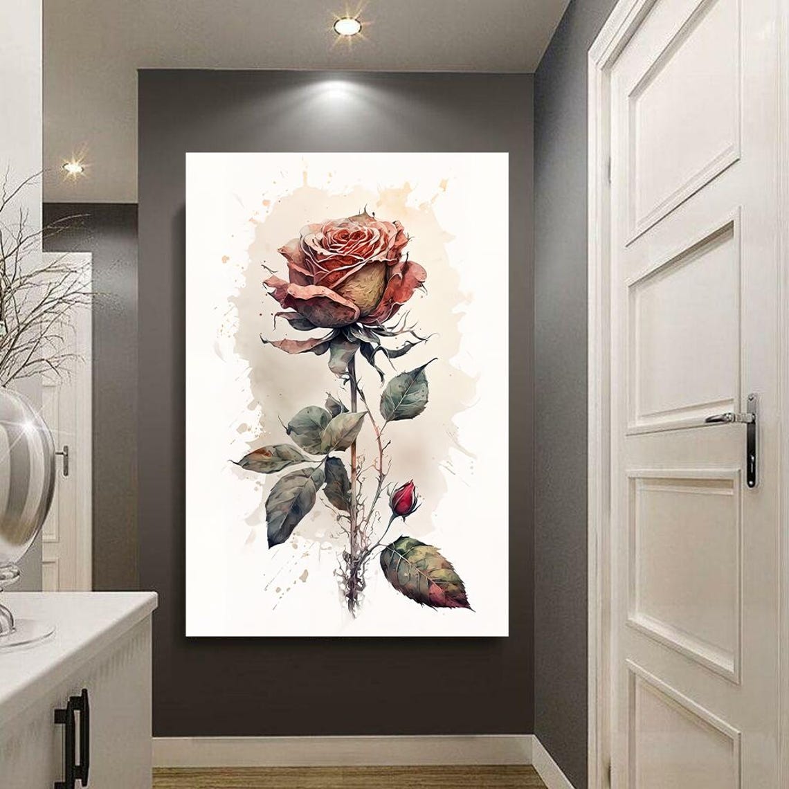 Single Watercolor Rose on Tall Stem Soft Blush Pink Bloom Poster - Image 2