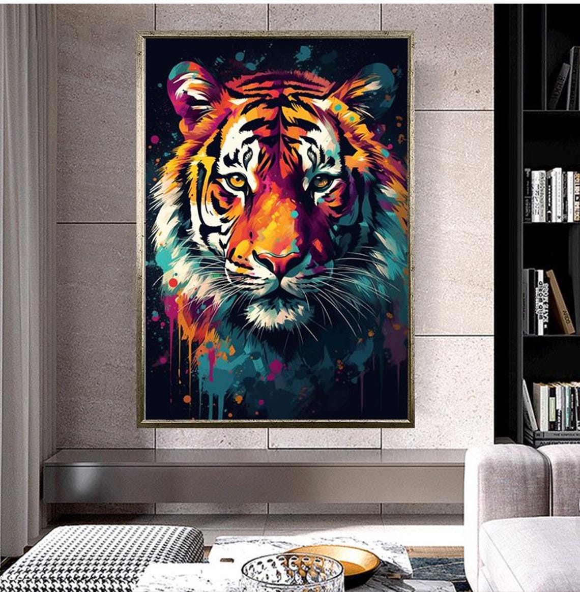 Vibrant Pop Art Tiger Face Portrait On Black Background Wall Poster - Image 2