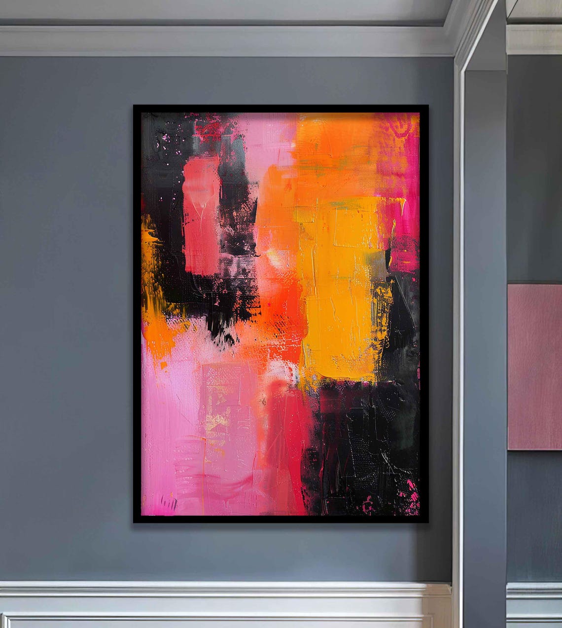 Vibrant Pink Orange and Black Bold Abstract Brushwork Art Poster - Image 3
