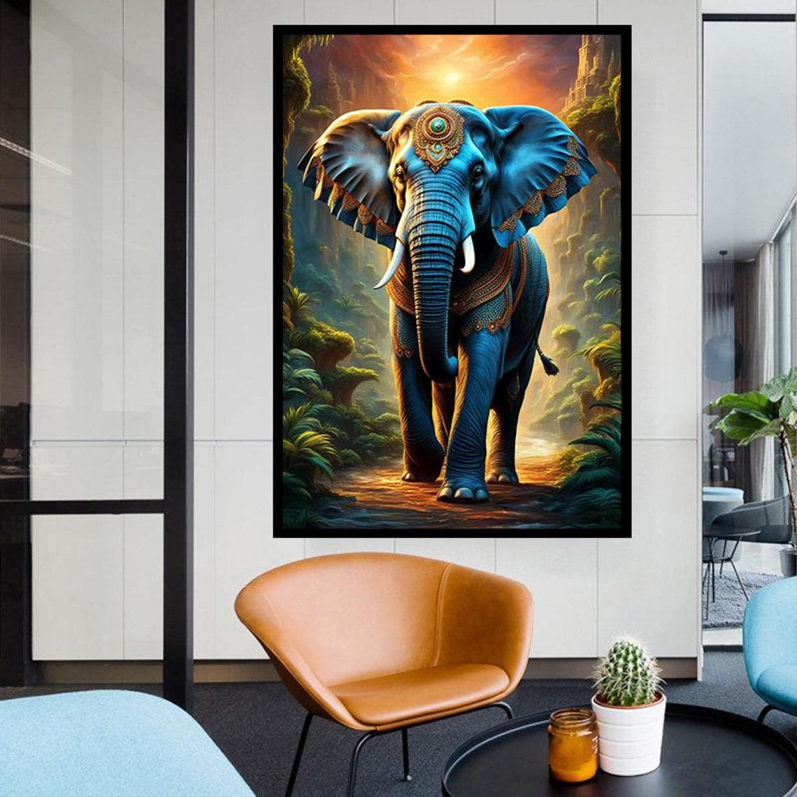 Blue Temple Elephant With Jeweled Crown Fantasy Jungle Sunset Poster - Image 5