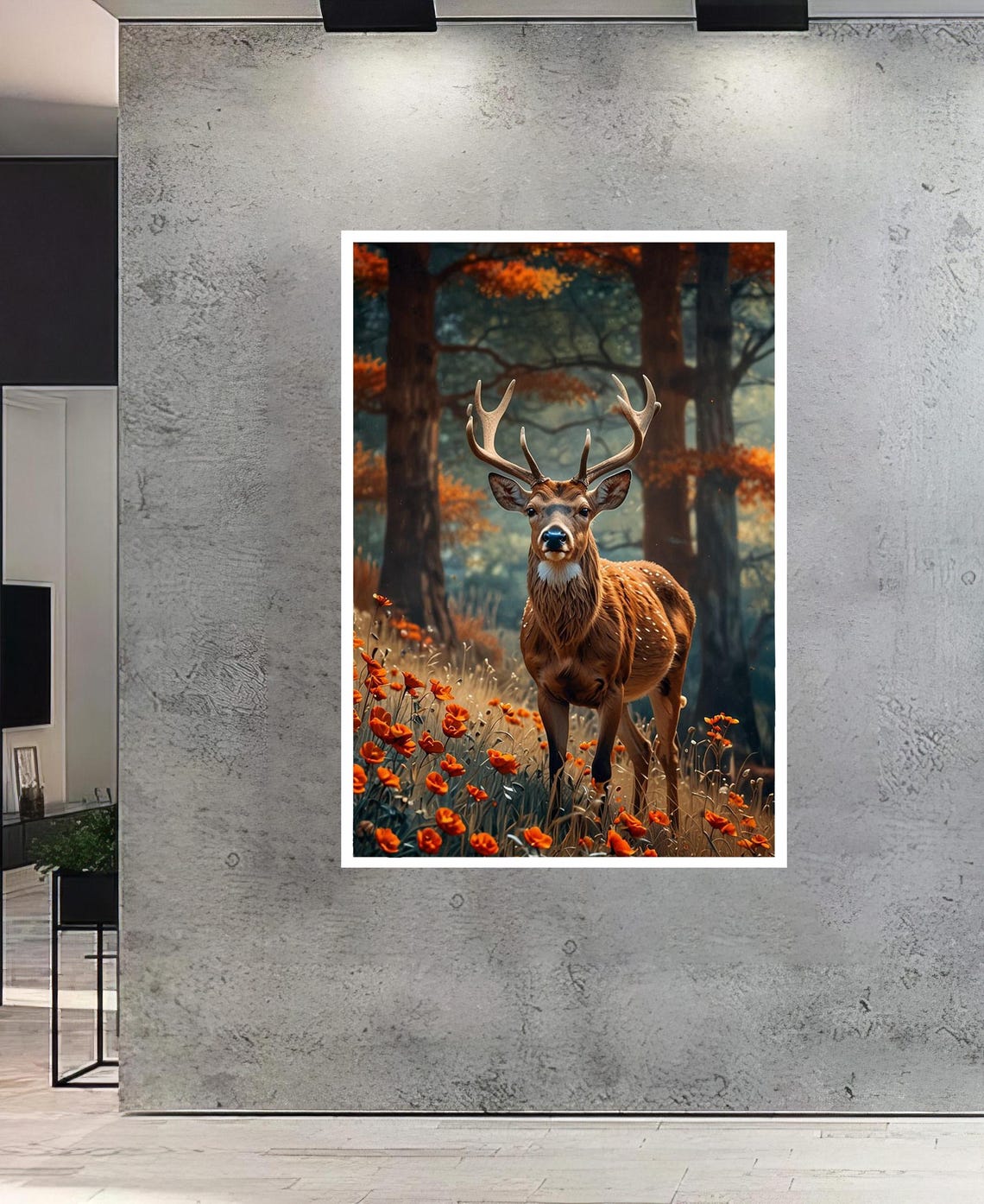 Spotted Deer Standing In Autumn Forest Meadow Poppy Flowers Poster - Image 2