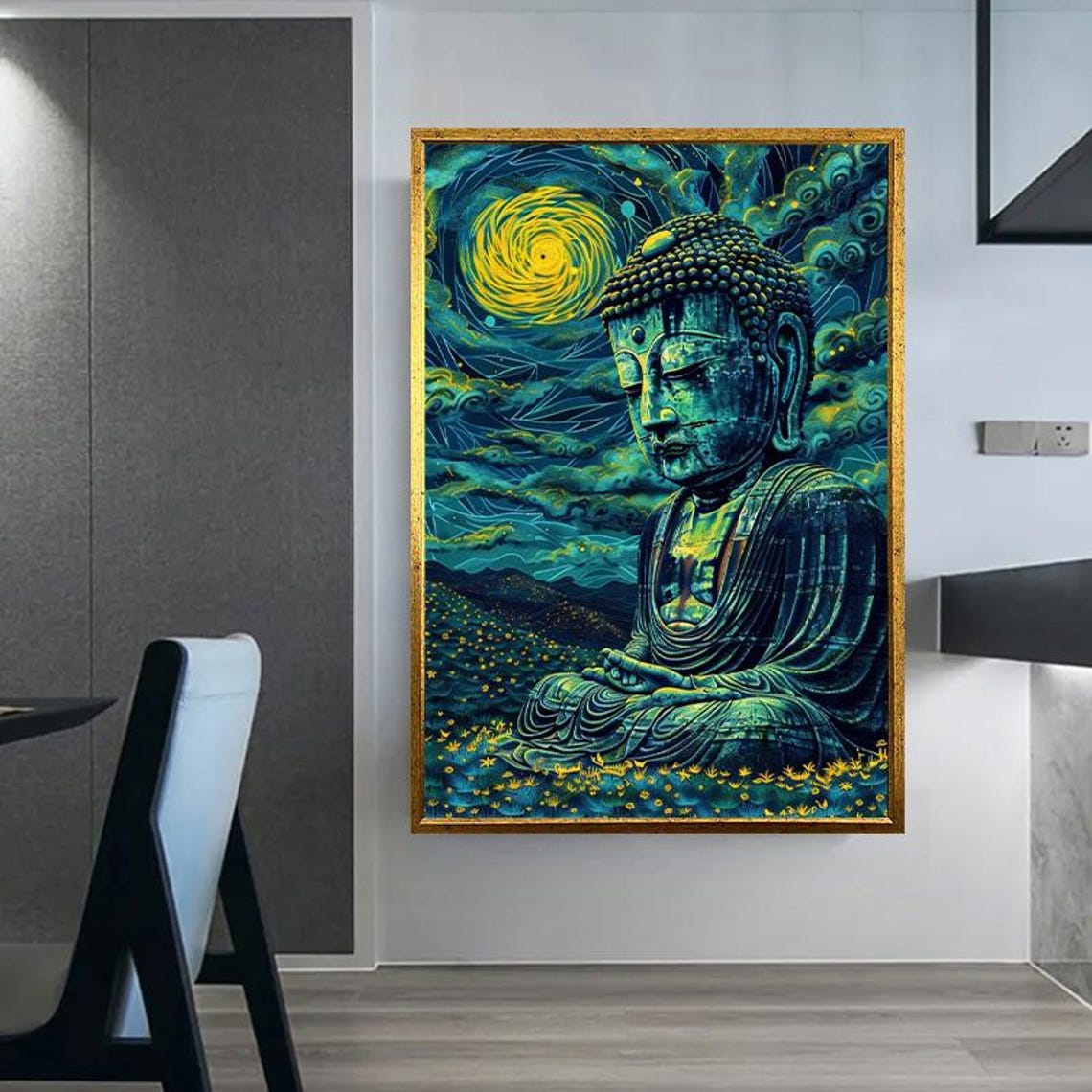 Meditating Buddha Under A Swirling Starry Moonlit Night Sky Art Poster - Image 2