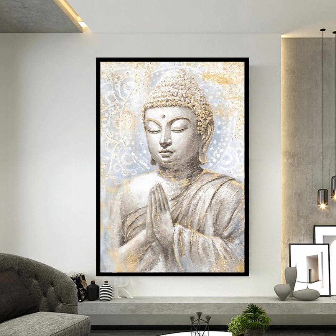 Serene Praying Buddha in White and Gold Spiritual Art Poster - Image 2
