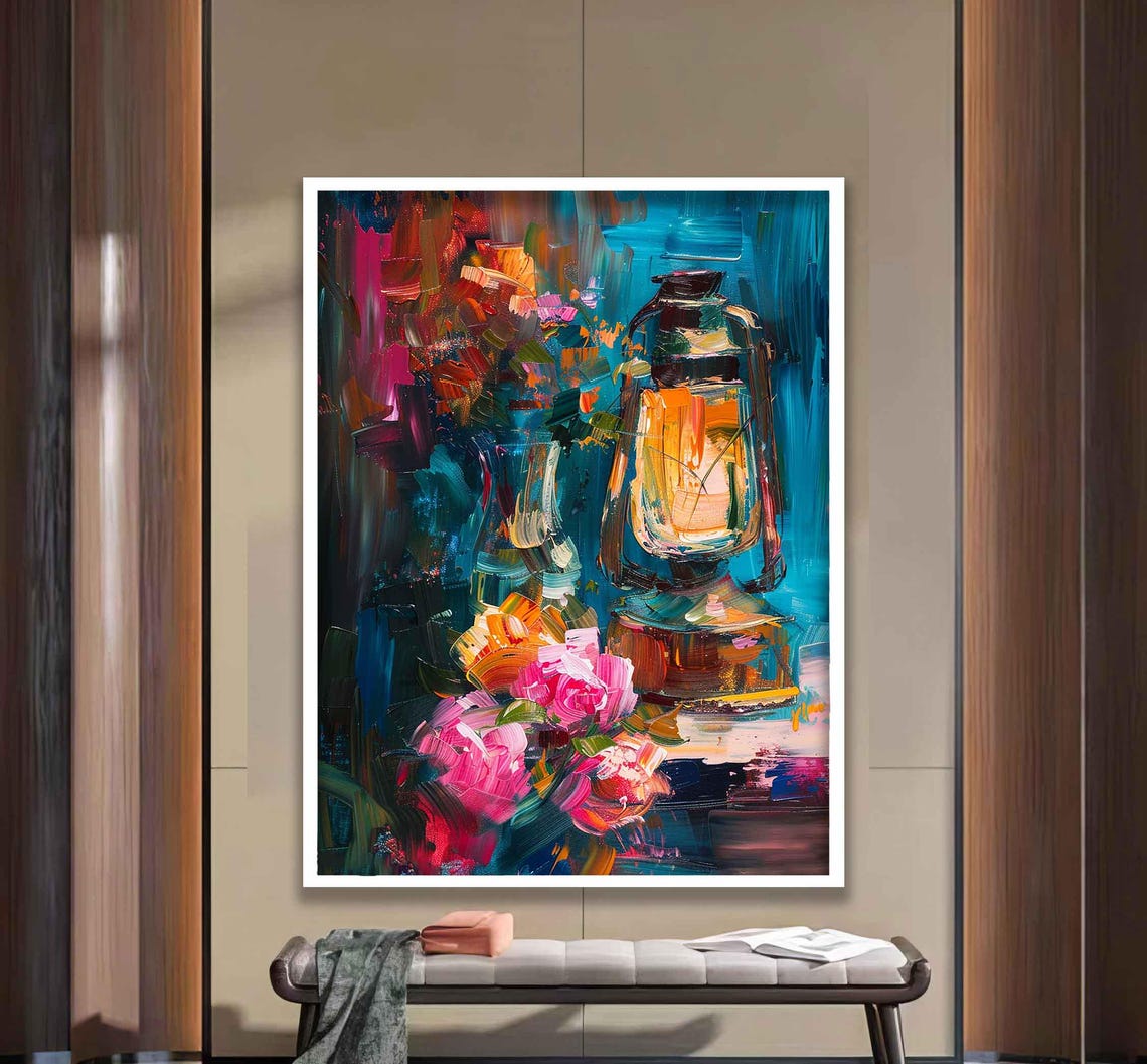 Colorful Abstract Oil Lamp Framed Print Modern Western Art Unique Lamp Wall Art For Bedroom Decor - Image 2